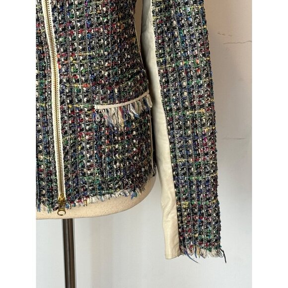 Ramy Brook Jacket Women Small Black Tweed Leather Sleeve And Trim Full Zip Retro - Picture 9 of 16